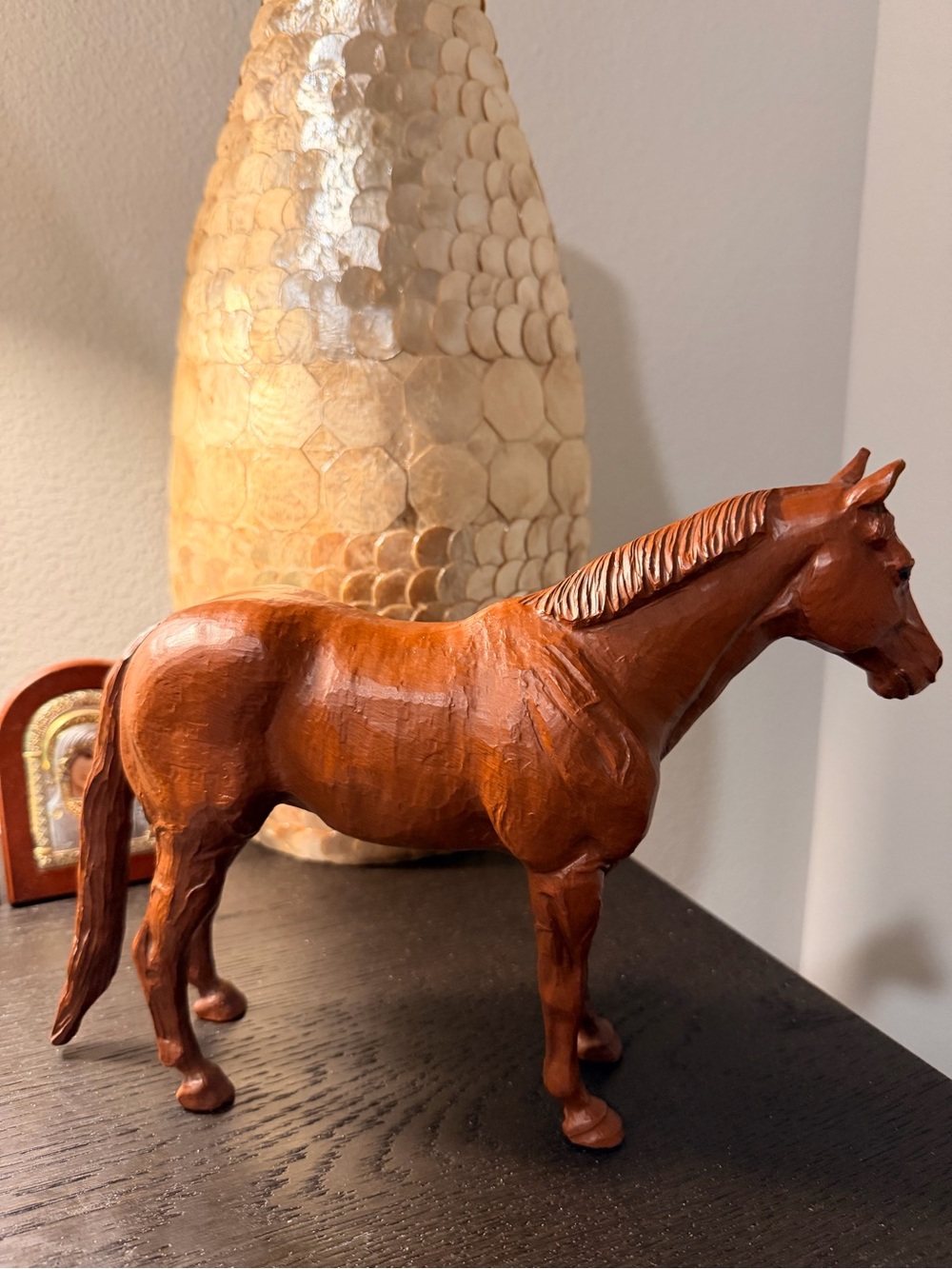 Vintage Hand-Carved Wooden Horse Sculpture - Brown -1997-#666-Folk art